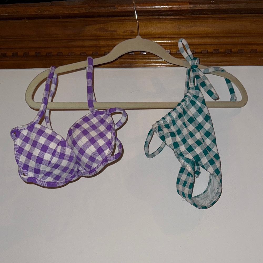 Leslie Amon Purple & Green Gingham Bikini Set